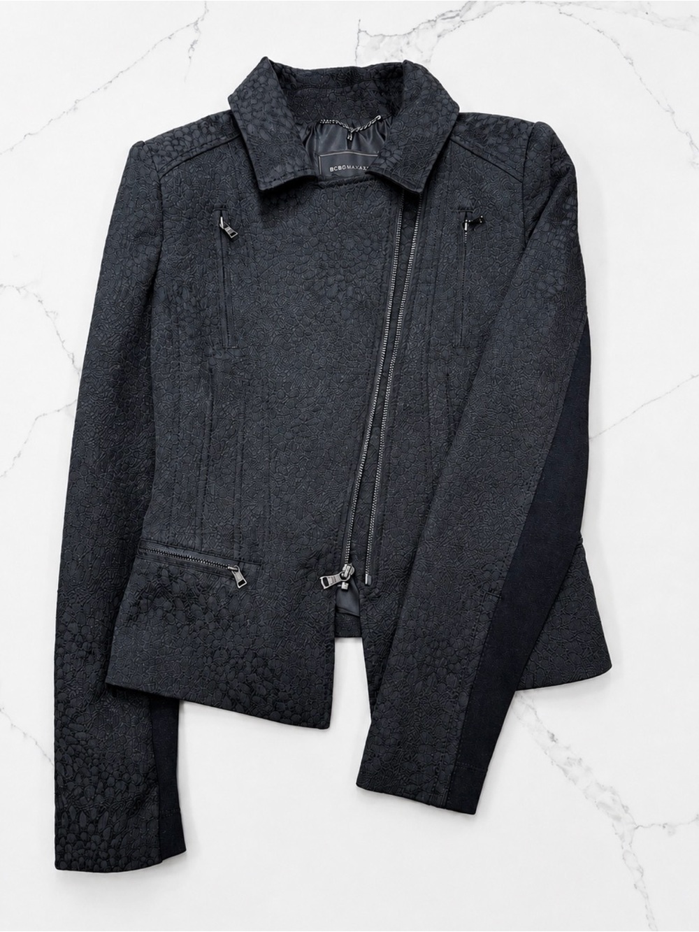BCBGMAXAZRIA “Boe” Black Textured Jacquard Moto Jacket | NWT | $268 Retail